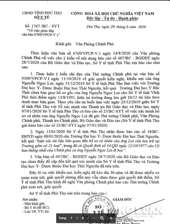Sở Y tế Phú Thọ cho rằng, báo cáo 607 của Bộ GD&ĐT chưa đề cập kết quả xác minh của Sở về trường hợp của ông Lợi và kiến nghị Thủ tướng Chính phủ xem xét, giải quyết dứt điểm vụ việc
