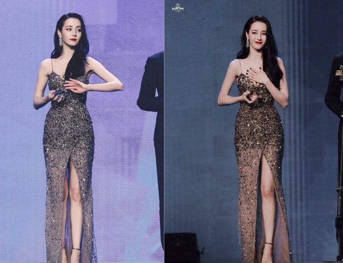 Địch Lệ Nhiệt Ba che vòng một để tránh sự cố hớ hênh. Ảnh: Weibo.