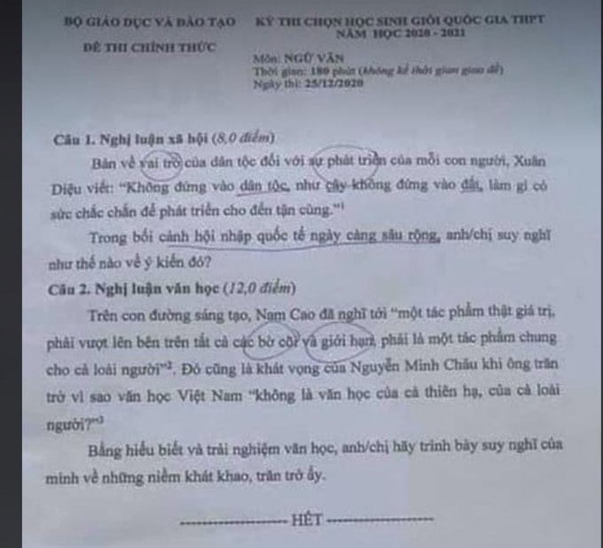 Đề thi học sinh giỏi quốc gia môn ngữ văn (ảnh Trinh Phúc).