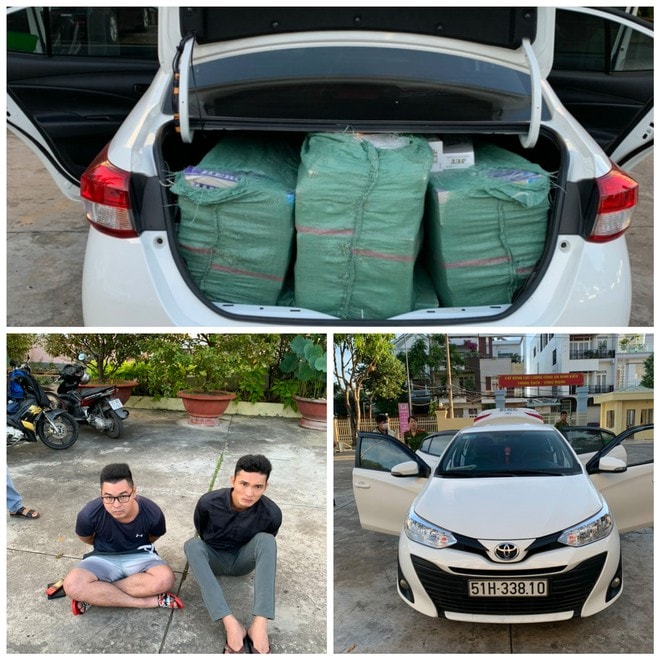 2 nghi phạm sử dụng nhiều biển số xe giả để vận chuyển thuốc lá lậu từ Long An về Cần Thơ. (Ảnh công an cung cấp)