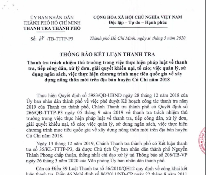 Kết luận thanh tra về trách nhiệm thủ trưởng trong xây dựng nông thôn mới tại huyện Củ Chi năm 2018