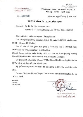 KQ giám định cho thấy bà Lý bị tổn hại 28%.