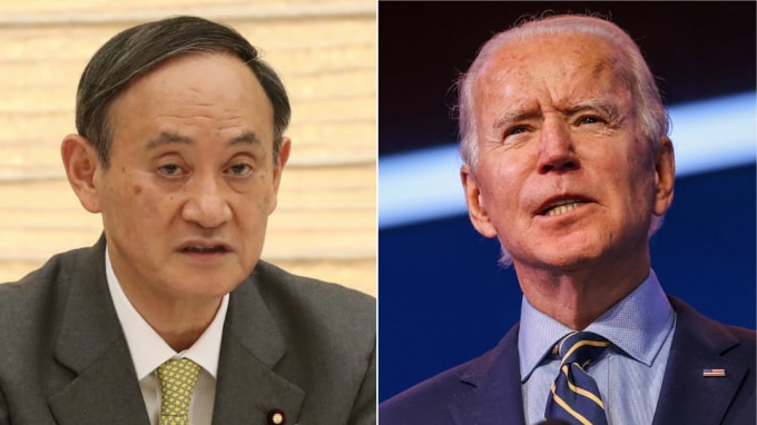 Hai ông Suga và Biden đều cam kết đạt được mức không phát thải vào năm 2050. Ảnh Suga: Uichiro Kasai/Nikkei, Ảnh Biden: Reuters.