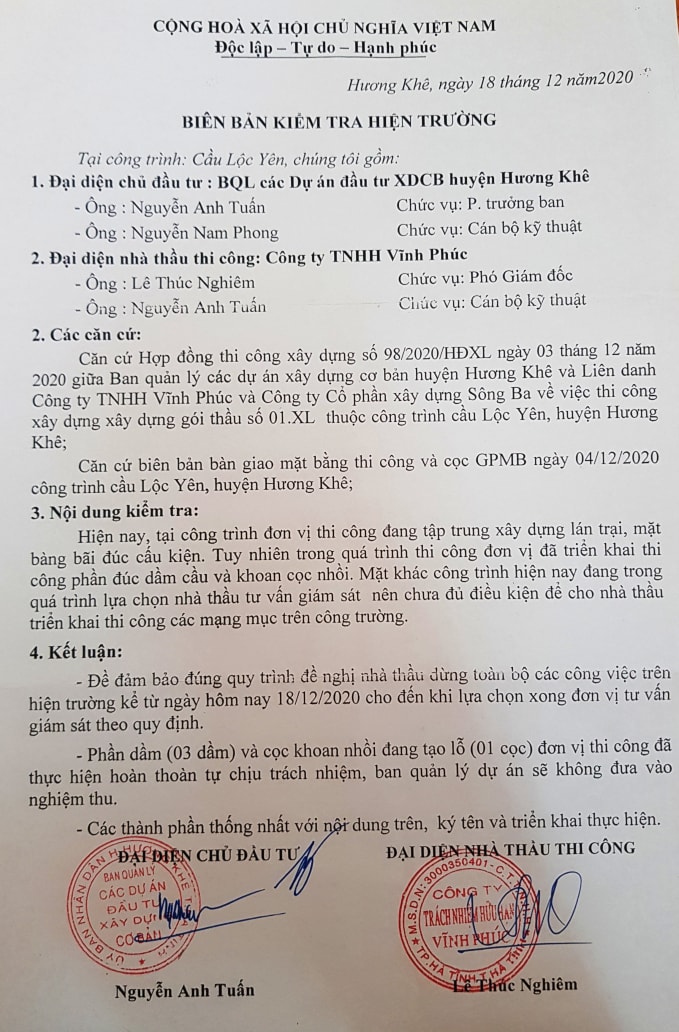 Ban quản lý dự án xây dựng cơ bản huyện Hương Khê lập biên bản hiện trường và đình chỉ thi công