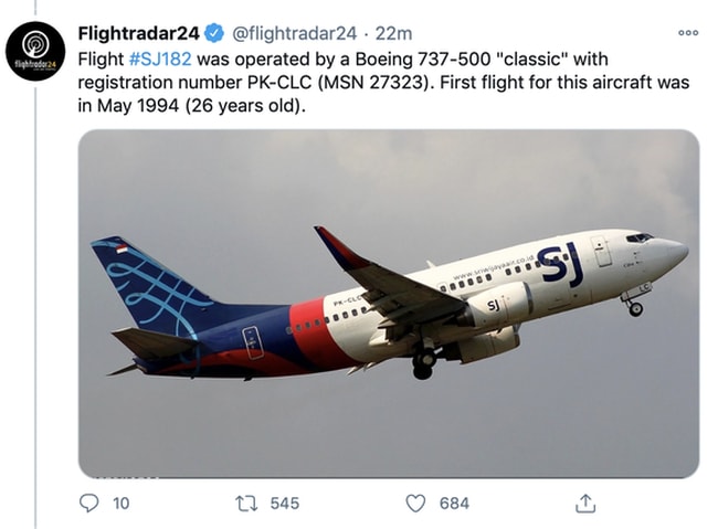 Máy bay của hãng hàng không Sriwijaya Air (Indonesia) mất liên lạc chiều 9/1 đã được xác nhận rơi xuống vùng biển của nước này. Ảnh: vtv.vn