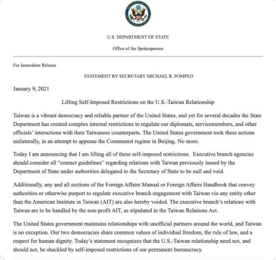 Quyết định được Ngoại trưởng Mỹ Mike Pompeo công bố ngày 9/1 - Ảnh: Twitter
