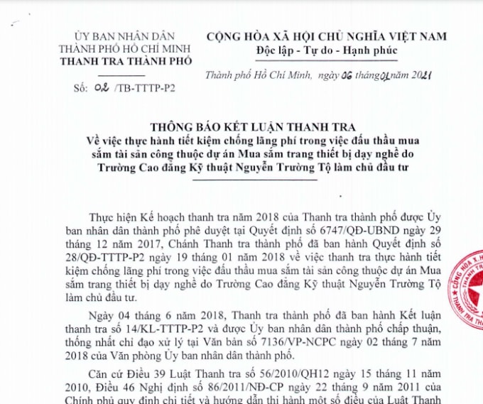 Thông báo Kết luận số 02/TB-TTTP-P2 ngày 06/1/2021