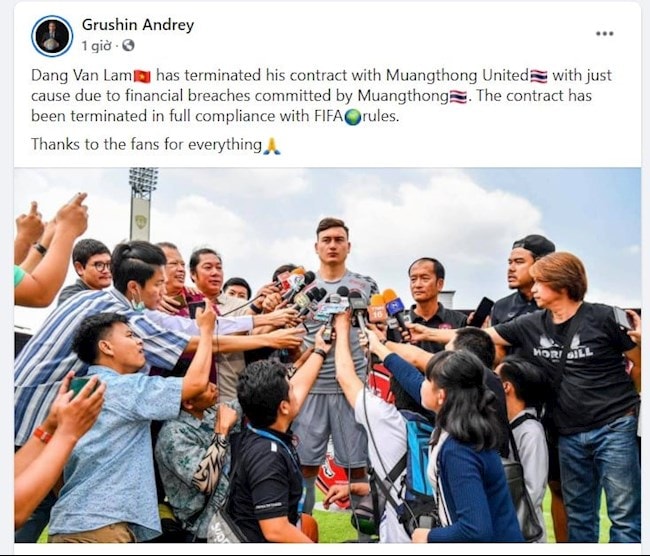 Người đại diện thông báo Văn Lâm đã chấm dứt hợp đồng với Muangthong Utd. Ảnh: internet