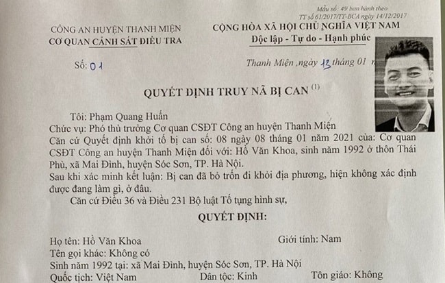 Truy nã Hồ Văn Khoa. Ảnh: doisongvietnam.vn
