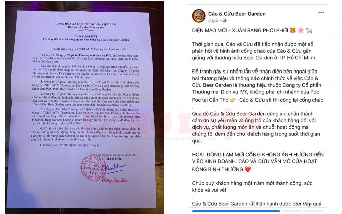 Giám đốc Công ty IVY Chương Ngọc Khoe – chủ sở hữu nhà hàng Cáo & Cừu Beer Garden ở Cần Thơ đã gửi bản cam kết để xin lỗi Công ty IOE và cam kết thực hiện thay đổi thiết kế cổng chính để tránh nhầm lẫn. (Ảnh - CK)
