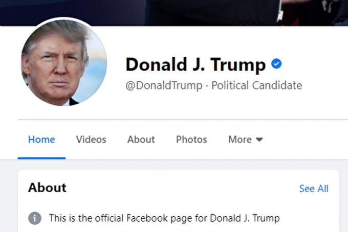 Facebook đã mở khoá tài khoản của ông Trump nhưng từ chối chức vụ Tổng thống Mỹ của ông. Ảnh: Facebook