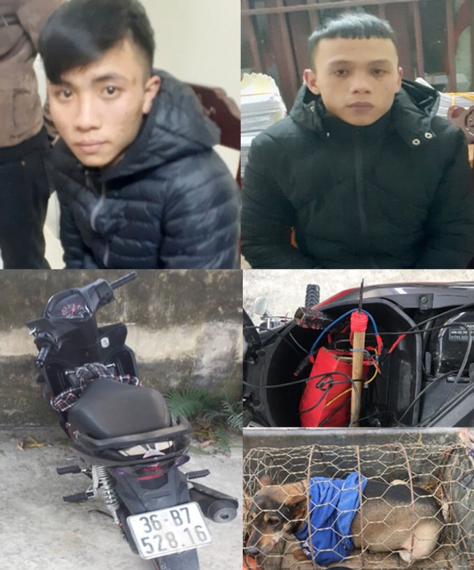 2 đối tượng Nguyễn Văn Tuấn, Lê Văn Tuấn và tang vật vụ trộm chó