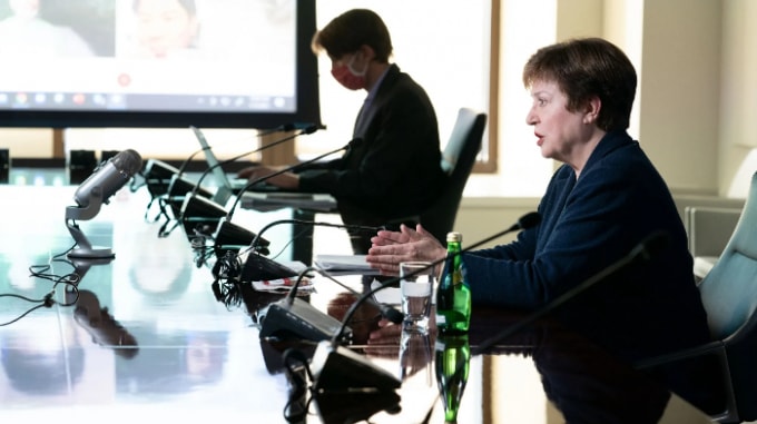 Giám đốc IMF Kristalina Georgieva tham gia một cuộc thảo luận trực tuyến tại trụ sở IMF ở Washington. Ảnh: IMF