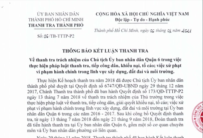 Thông báo kết luận thanh tra
