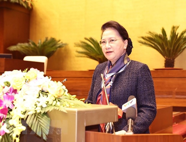 Chủ tịch Quốc hội Nguyễn Thị Kim Ngân phát biểu tại buổi gặp mặt. Ảnh: TTXVN
