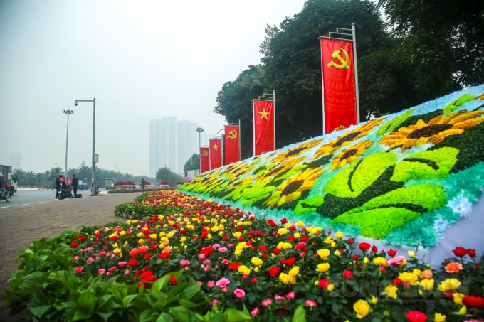 Các chậu hoa được trang hoàng đẹp mắt ngay trước cổng vào Trung tâm Hội nghị.
