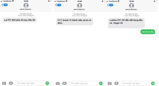 Liên tiếp các số lạ nhắn đến để kích mua cổ phiếu FIT. Nguồn: TL