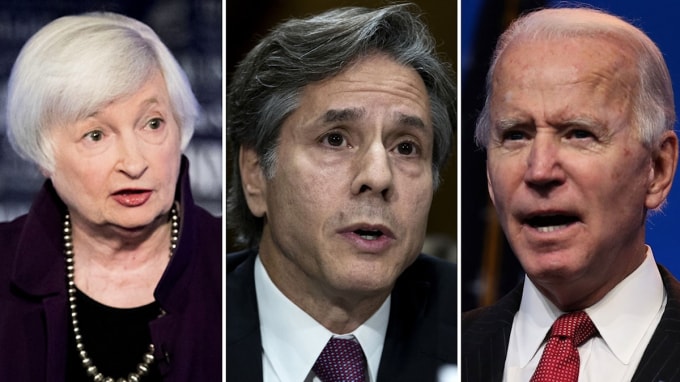 Bà Yellen và ông Blinken (giữa) sẽ gia nhập nội các của Tổng thống Biden (phải) đảm nhiệm các vị trí Bộ trưởng Tài chính và Bộ trưởng Ngoại giao của Mỹ - Ảnh: Reuters/AP
