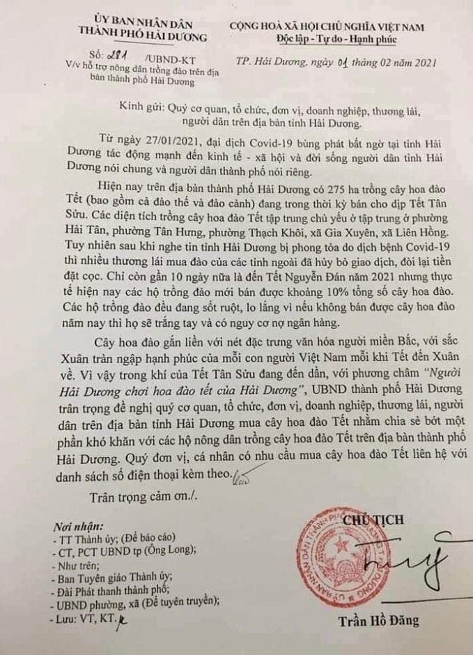 Văn bản của UBND TP Hải Dương. Ảnh: D.L