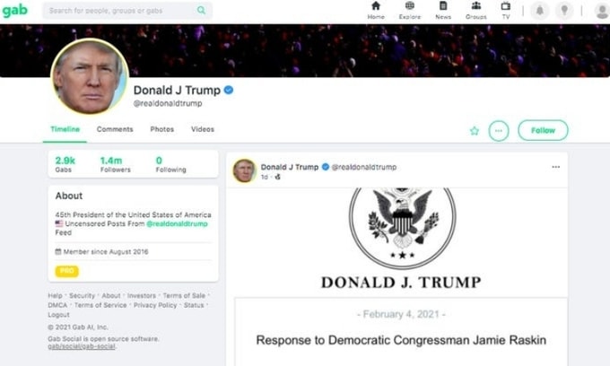Tài khoản của cựu tổng thống Donald Trump trên mạng xã hội Gab là giả mạo - Ảnh: Business Insider
