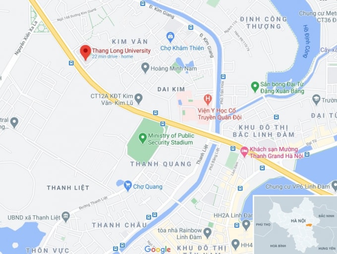 Vụ va chạm xảy ra trên đường Vành đai 3 trên cao, đoạn gần Đại học Thăng Long (chấm đỏ). Ảnh: Google Maps.
