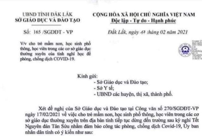 Văn bản giả mạo về việc cho học sinh nghỉ học. Ảnh: tienphong.vn