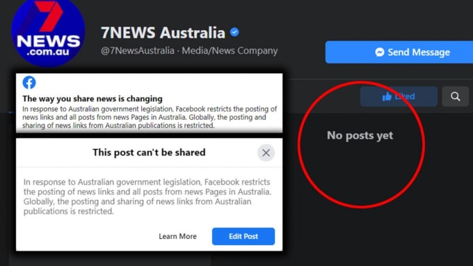 Tờ 7News Australia bị Facebook hạn chế chia sẻ và đăng tải nội dung tin tức. Ảnh: Facebook