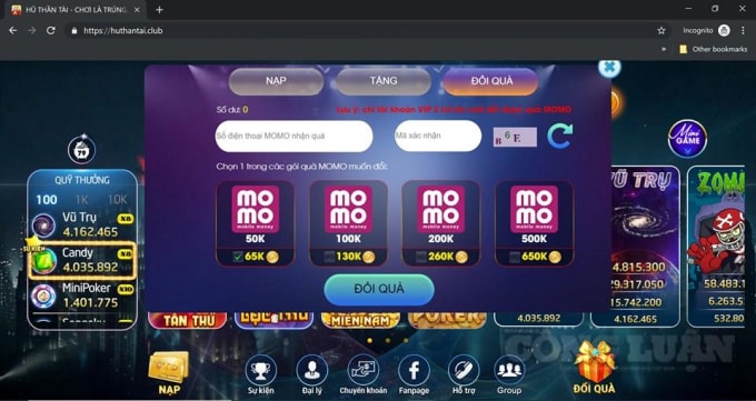 Một game đánh bạc online quảng cáo Momo như một công cụ thanh toán chính.