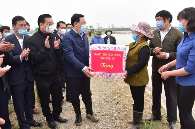 Bí thư Thành ủy Hà Nội Vương Đình Huệ và các đồng chí lãnh đạo thành phố tặng quà cho nông dân xã Dị Nậu, huyện Thạch Thất. (Ảnh: V.T)