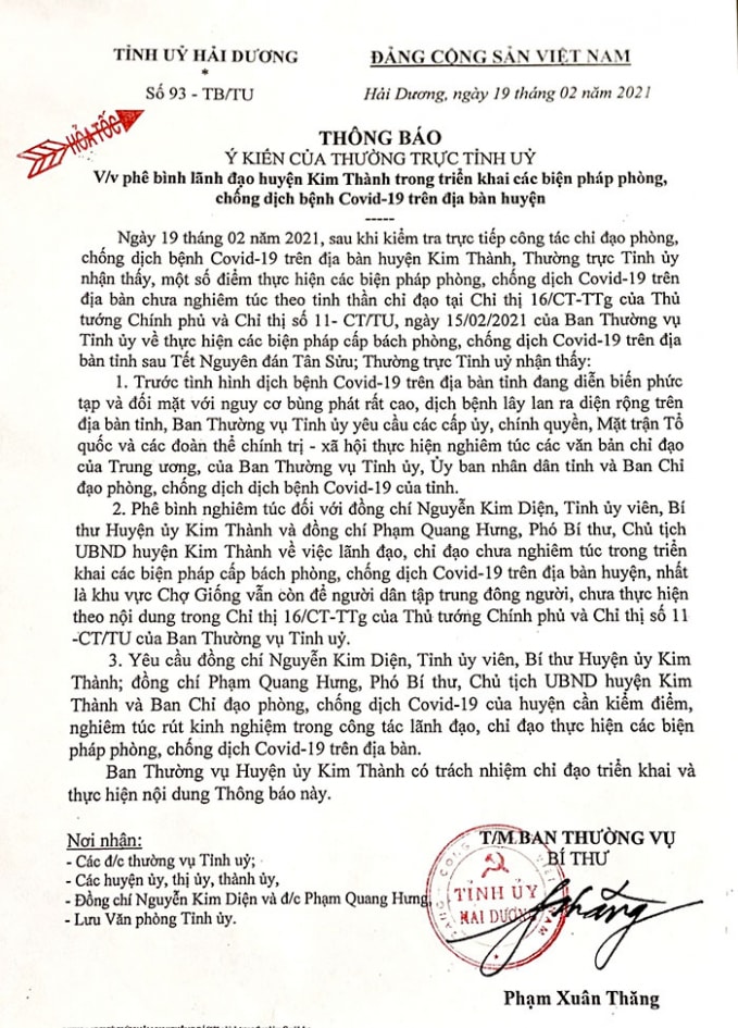 Văn bản phê bình nghiêm khắc Bí thư, Chủ tịch UBND huyện Kim Thành do lơ là chống dịch.
