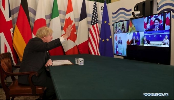 Thủ tướng Anh Boris Johnson tại cuộc họp trực tuyến với các lãnh đạo các nước thành viên nhóm G7 hôm 19/2. Ảnh: News.cn