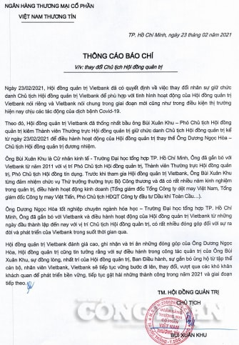 Thông cáo báo chí về việc thay đổi Chủ tịch HĐQT Vietbank do ông Bùi Xuân Khu ký ngày 23/2