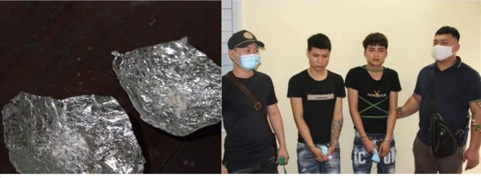 Hai đối tượng tại cơ quan Công an cùng tang vật ma túy thu giữ tại nhà trọ. Ảnh: laodong.vn