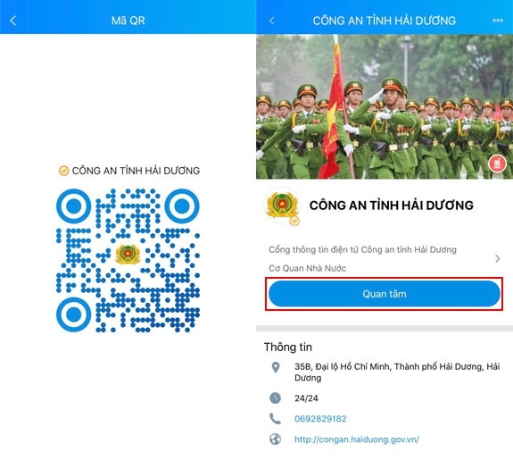 Quét mã QR để truy cập vào trang Zalo “Công an tỉnh Hải Dương”. Ảnh: Zingnews.vn
