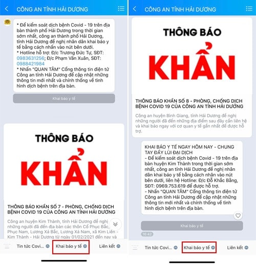 Hải Dương cập nhật thông báo truy vết mới nhất trên Zalo. Ảnh: TL