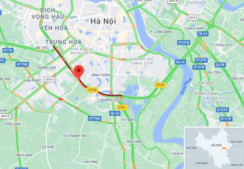 Tai nạn xảy ra ở đường Vành đai 3 trên cao, quận Hoàng Mai, Hà Nội. Ảnh: Google Maps.