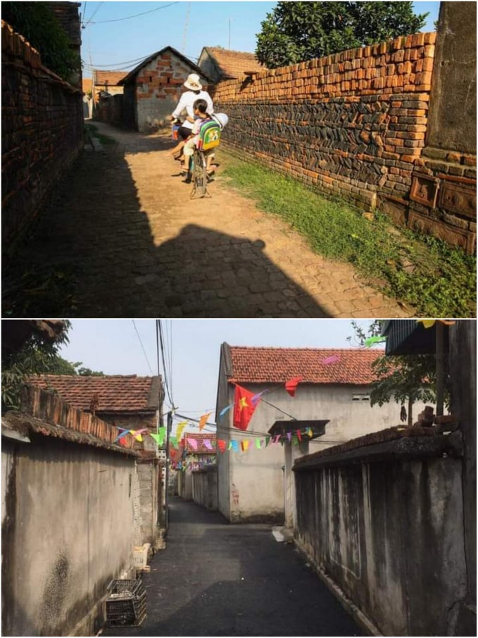 Một con ngõ ở làng quê Vĩnh Phúc (ảnh trên), và 15 năm sau (ảnh dưới).