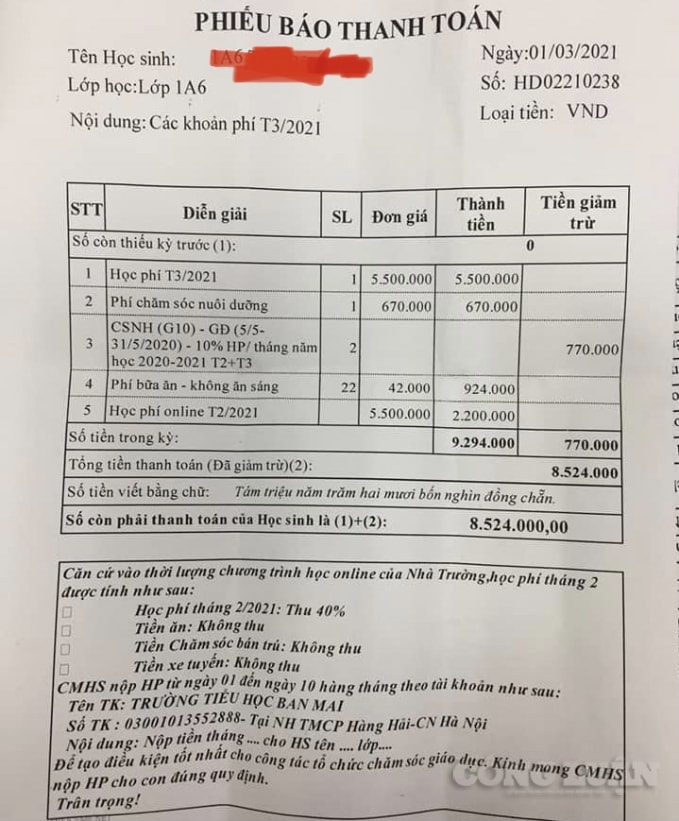 Phiếu báo thanh toán của trường Tiểu học Ban Mai. Ảnh: Dương Lâm