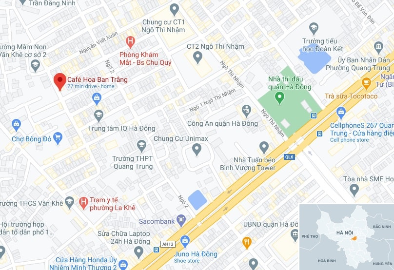 Vụ cháy xảy ra tại quán cà phê Hoa Ban Trắng (chấm đỏ).