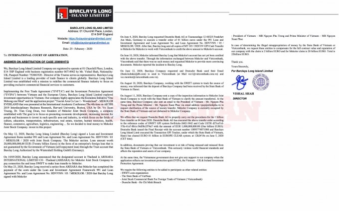 Công ty Barclays chính thức gửi thông tin phản hồi cho Toà án Trọng tài Quốc tế ICC để trả lời về vụ kiện! (Ảnh - Chính Kỳ).