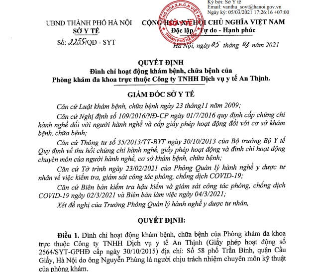 Quyết định số 2255/QĐ-SYT về việc đình chỉ hoạt động khám bệnh, chữa bệnh của Phòng khám đa khoa trực thuộc Công ty TNHH Dịch vụ y tế An Thịnh.