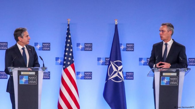 Ngoại trưởng Mỹ Blinken trong cuộc gặp các ngoại trưởng NATO diễn ra ngày hôm qua (23/3)- Ảnh: AFP