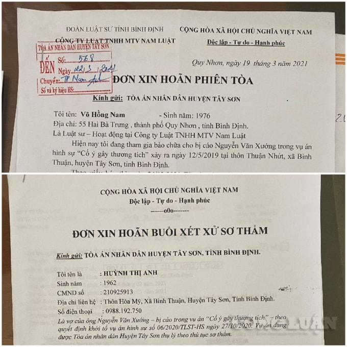 Đơn xin hoãn phiên toà của vợ bị cáo Xướng và Luật sư.