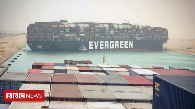 Hình ảnh tàu Evergreen mắc kẹt ở kênh đào Suez. Ảnh: BBC