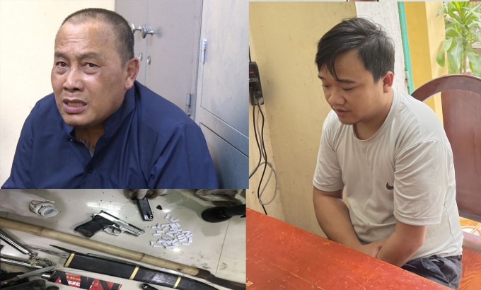 Đối tượng Hồ Văn Hanh (áo đen) và Nguyễn Hữu Đức cùng các tang vật thu được. Ảnh: Công an cung cấp
