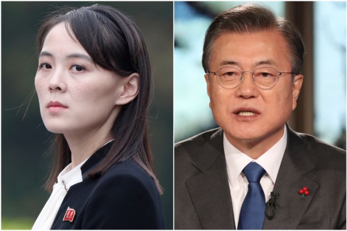 Bà Kim Yo Jong (trái), em gái của nhà lãnh đạo Triều Tiên Kim Jong Un đã chỉ trích Tổng thống Hàn Quốc Moon Jae-in - Ảnh: KCNA/Reuters