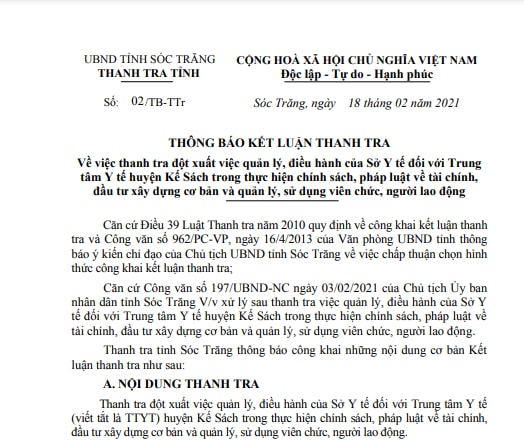 Thông báo kết luận thanh tra của Thanh tra tỉnh Sóc Trăng