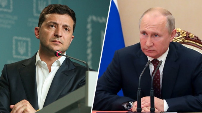 Tổng thống Ukraine Zelenskiy (trái) và Tổng thống Nga Vladimir Putin - Ảnh: Reuters/AP