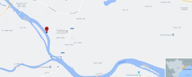 Vị trí phát hiện ra quả bom (chấm đỏ) nằm tại xã Yên Đức, thị xã Đông Triều. Ảnh: Google Maps