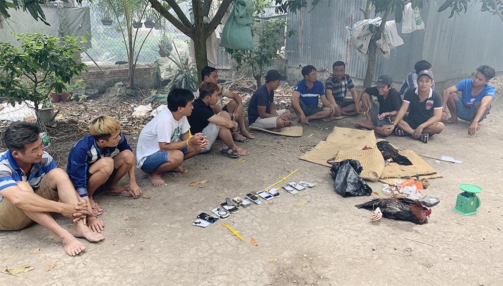 12 con bạc cùng tang vật bị công an bắt giữ. Ảnh: danviet.vn